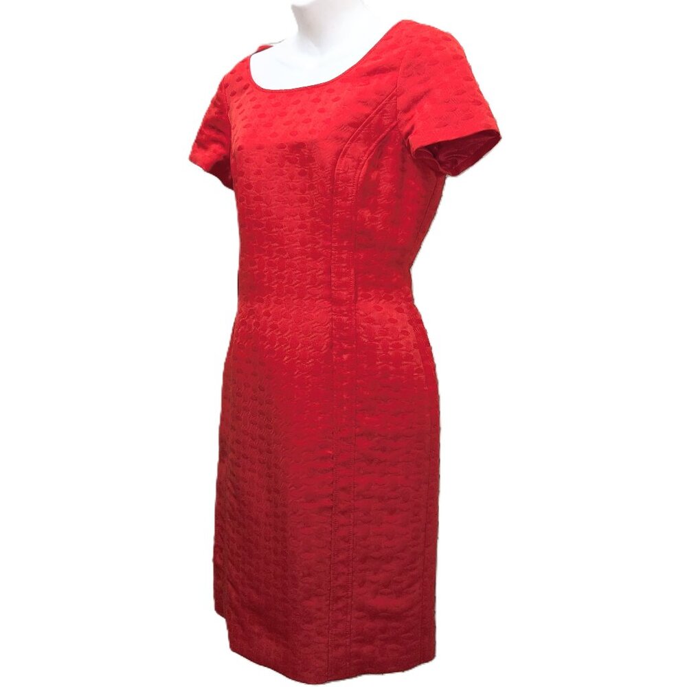 Tahari Red Sheath Dress Size 8 Jacquard Twill Lined Scoop Neck Cap Sleeve
